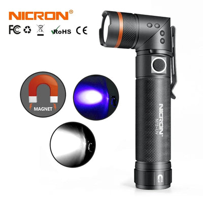 NICRON N72/N72-UV Multi-Mode LED Flashlight – 90° Rotatable, UV/White Light, Magnetic Base, Waterproof, 800 Lumens, 18650/AAA Compatible